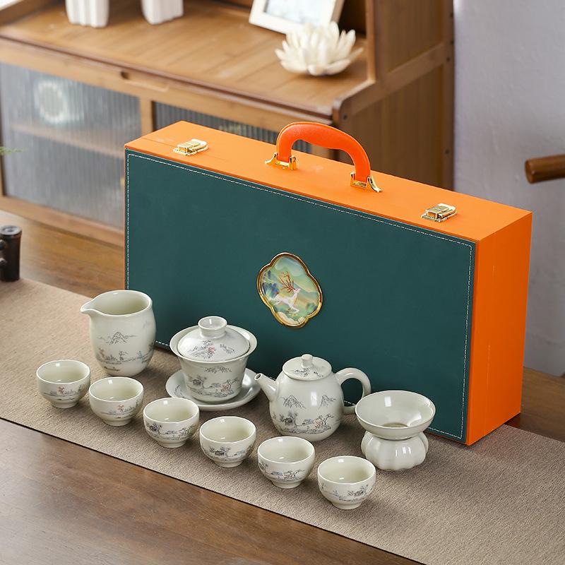 High-end Landscape Ru Kiln Kung Fu Tea Set, a Complete Set of Teapot Cover Bowl Teacup Activities, Holiday Business Gifts