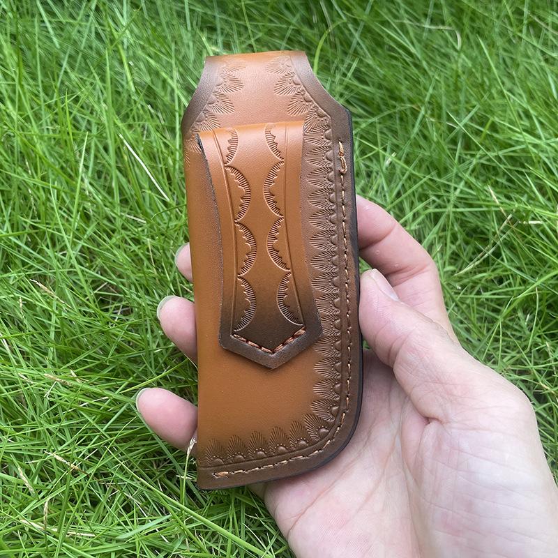 Funda de cuero vacuno repujado para cuchillo plegable, funda de cuero dividido, estuche, fundas para cuchillo de camping, hebilla para cinturón