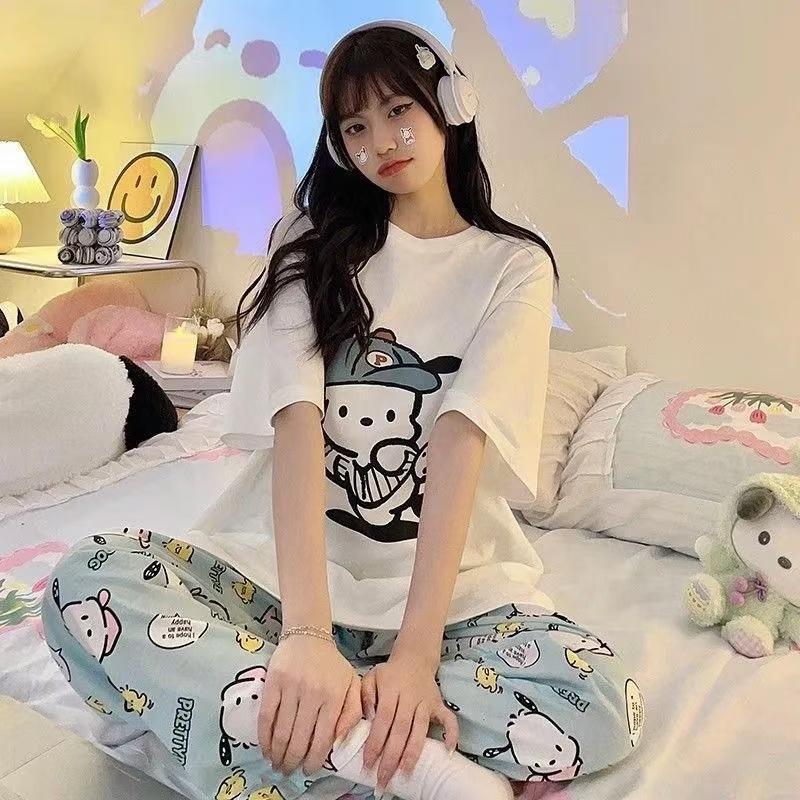 Summer Sweet Korean Style Pink Milk Silk Ribbed Camisole Pajamas for Women