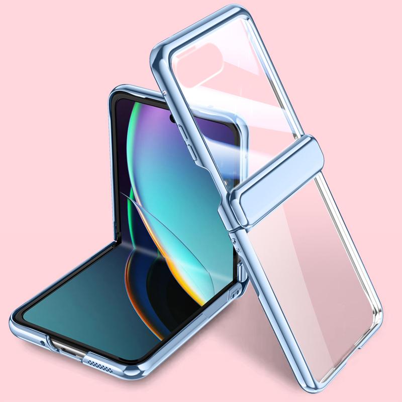 

Прозорий чохол для Motorola Razr 40 Ultra 5G, гальванічне покриття шарніра, полікарбонатна накладка для телефону із захисною плівкою для малого екрана на задній панелі Blue