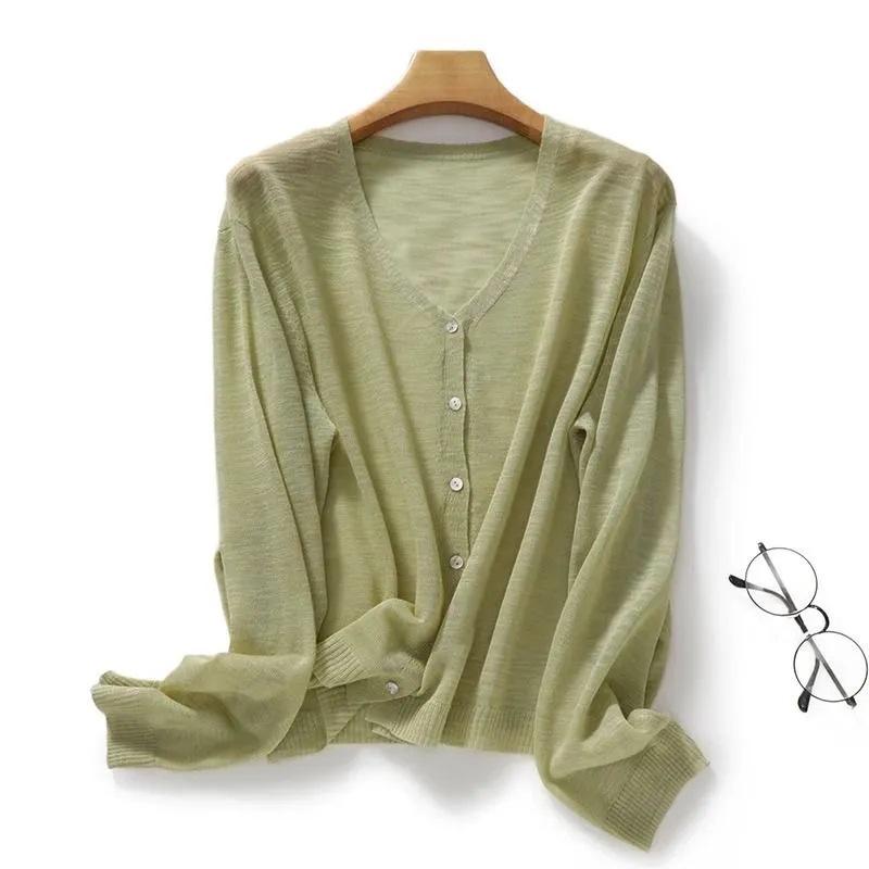 Women V Neck Thin Semi Sheer Knit Cardigan Long Sleeve Single Breasted Sun Protection Casual Knitted Outerwear