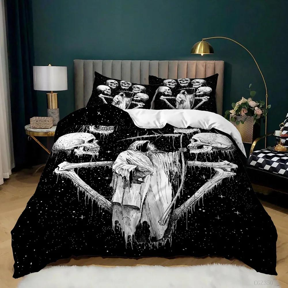 Skull Duvet Cover Set Rose Twin Skeleton Kiss Comforter Cover Teens Gothic Skeleton Double Queen King Size Polyester Qulit Cover