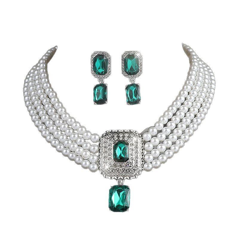 Square gemstone full diamond earrings necklace set choker multi-layer bridal anti-pearl necklace earrings