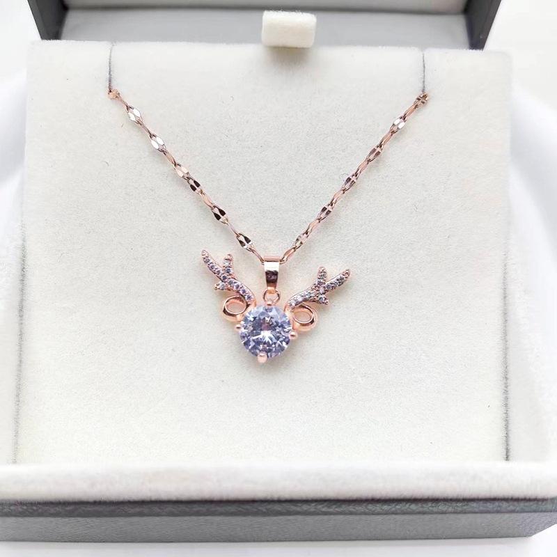 1 Pcs Fashionable Women's Necklace Copper Pendant Glass Antlers with Steel Collarbone Chain Girl's Beautiful Gift