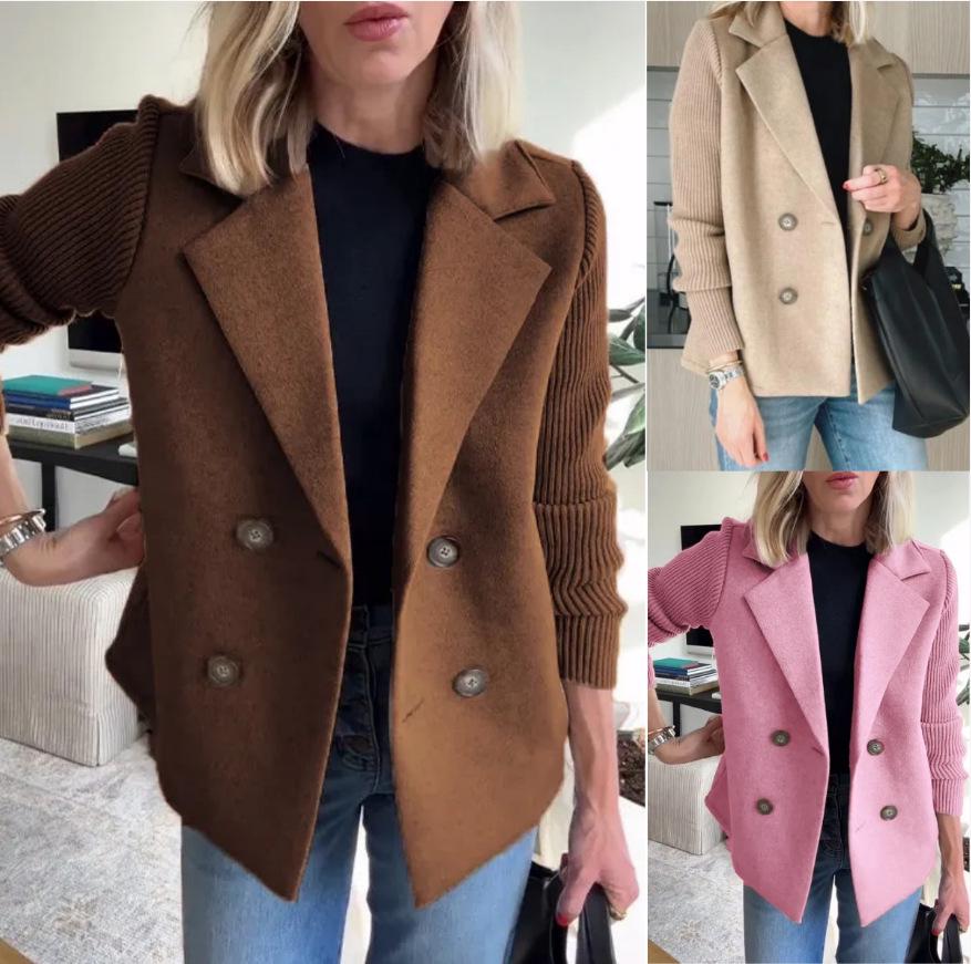 Autumn/Winter 2025 European & American Women's Knitted Sleeve Suit Collar Woolen Coat