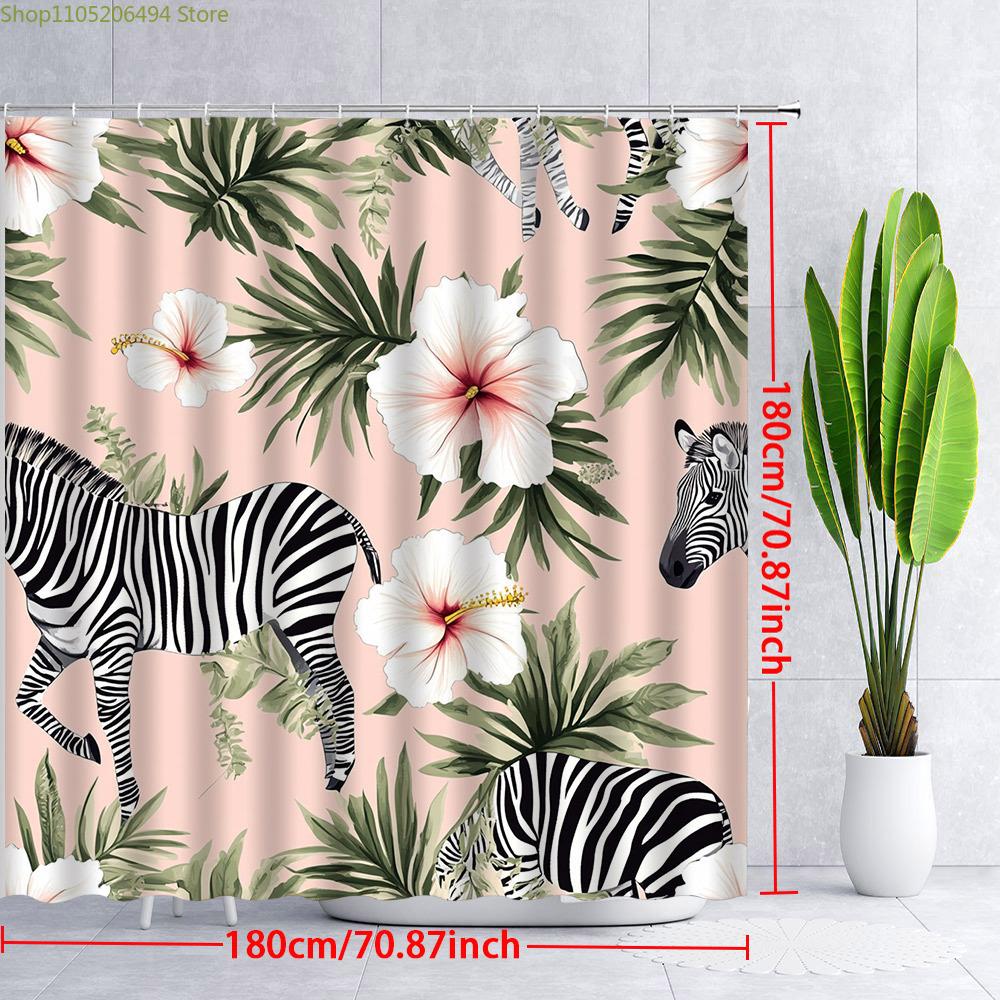 2D Flat 1pc Animal Shower Curtain Tropical Zebra Hibiscus Floral Pattern Bathroom Decor Bath Tub Divider Hanging Drapery Inclu