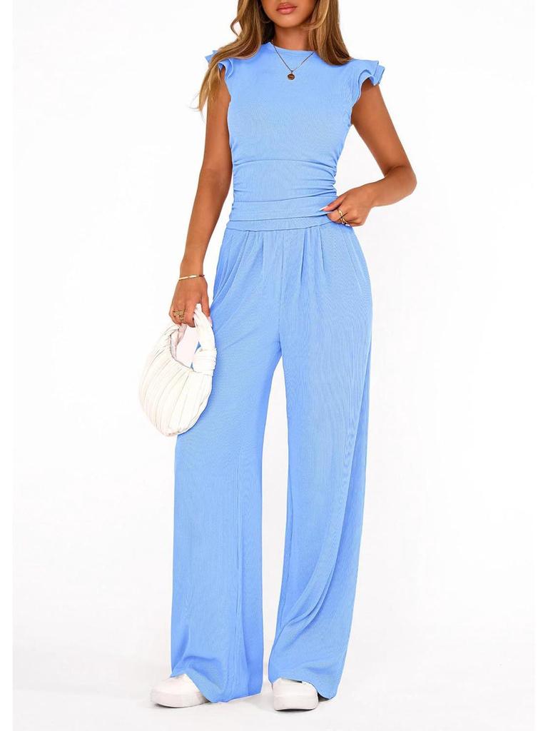 Women's 2026 Summer Solid Color Two-Piece Set with Ruffle Wide-Leg Pants