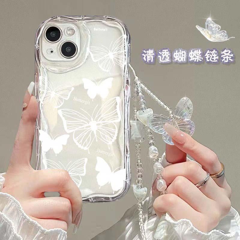 INS Silver Butterfly Pattern Case for Xiaomi Redmi Note 14 Pro 5G 13 14 15 Pro Plus Redmi 15C 15 13 13C Cover with Korean Chain