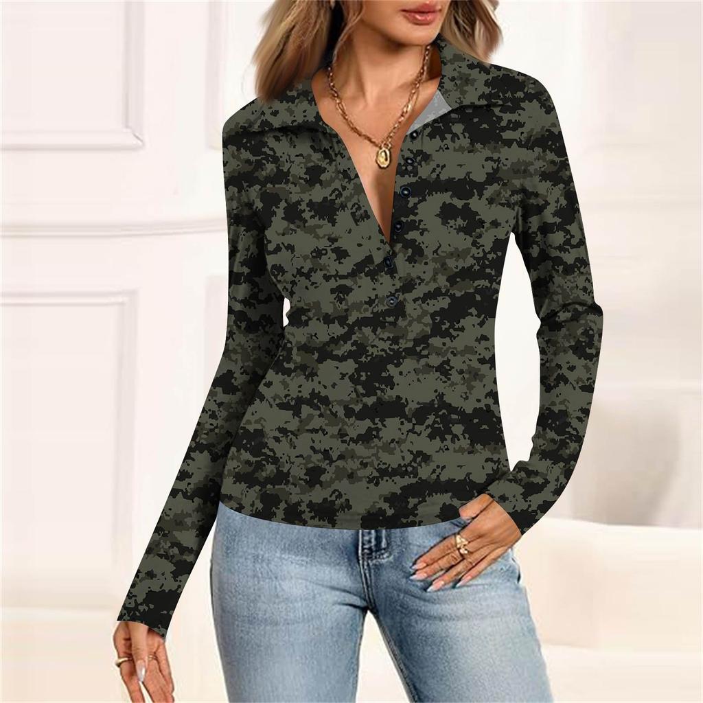 Haut Décontracté Imprimé à Manches Longues et Col en V Boutonné pour Femme