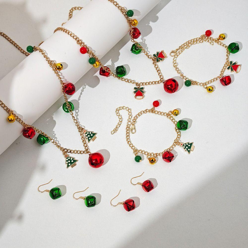 3pcs/set Color Collision Christmas Tree Bell Bracelet Bow Christmas Tree Charm Necklace  Gift