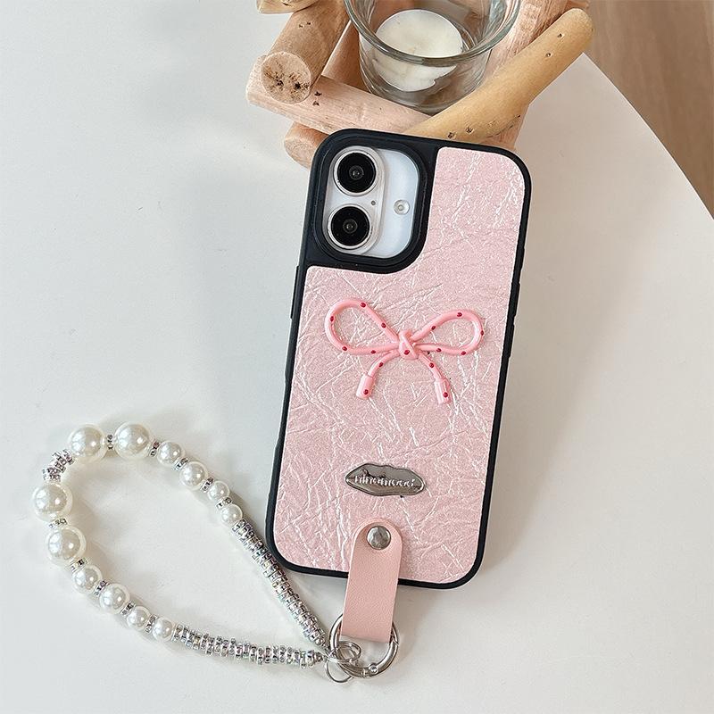 Pearl Bracelet Bow Leather Phone Case for Apple 17pro Fashion for IPhone16 Female Model 15plus