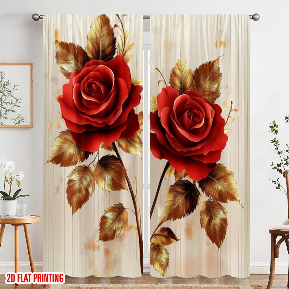 2pcs,2D Plane Printing Print Curtains Golden Roses Durable Polyester (without Rod) Versatile All Ldeal for Living Room, Bedroom,