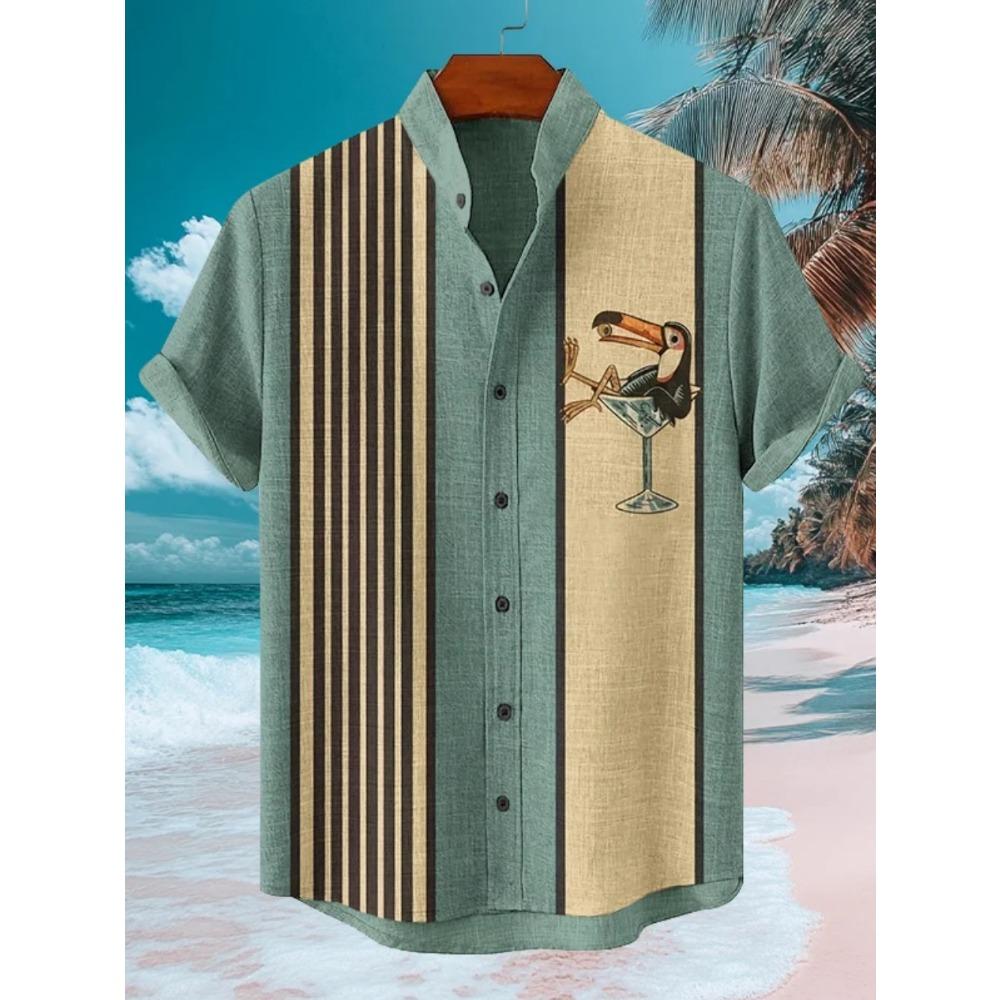 Men's Japanese Retro Art Black Cat Print Shirt Short Sleeve Stand Up Collar Single Breasted Casual Linen Top for Vacation