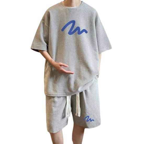 

Мужская летняя повседневная одежда из 2 шт./компл., футболка с коротким рукавом и эластичным шнурком на талии, широкие шорты, комплект спортивной одежды с буквенным принтом L серый