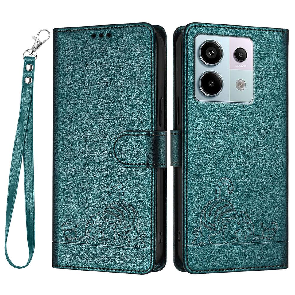 For Xiaomi Redmi Note 13 Pro 5G/Poco X6 5G Case with Strap RFID Blocking Leather Wallet Phone Cover Cat Mouse Pattern - Black