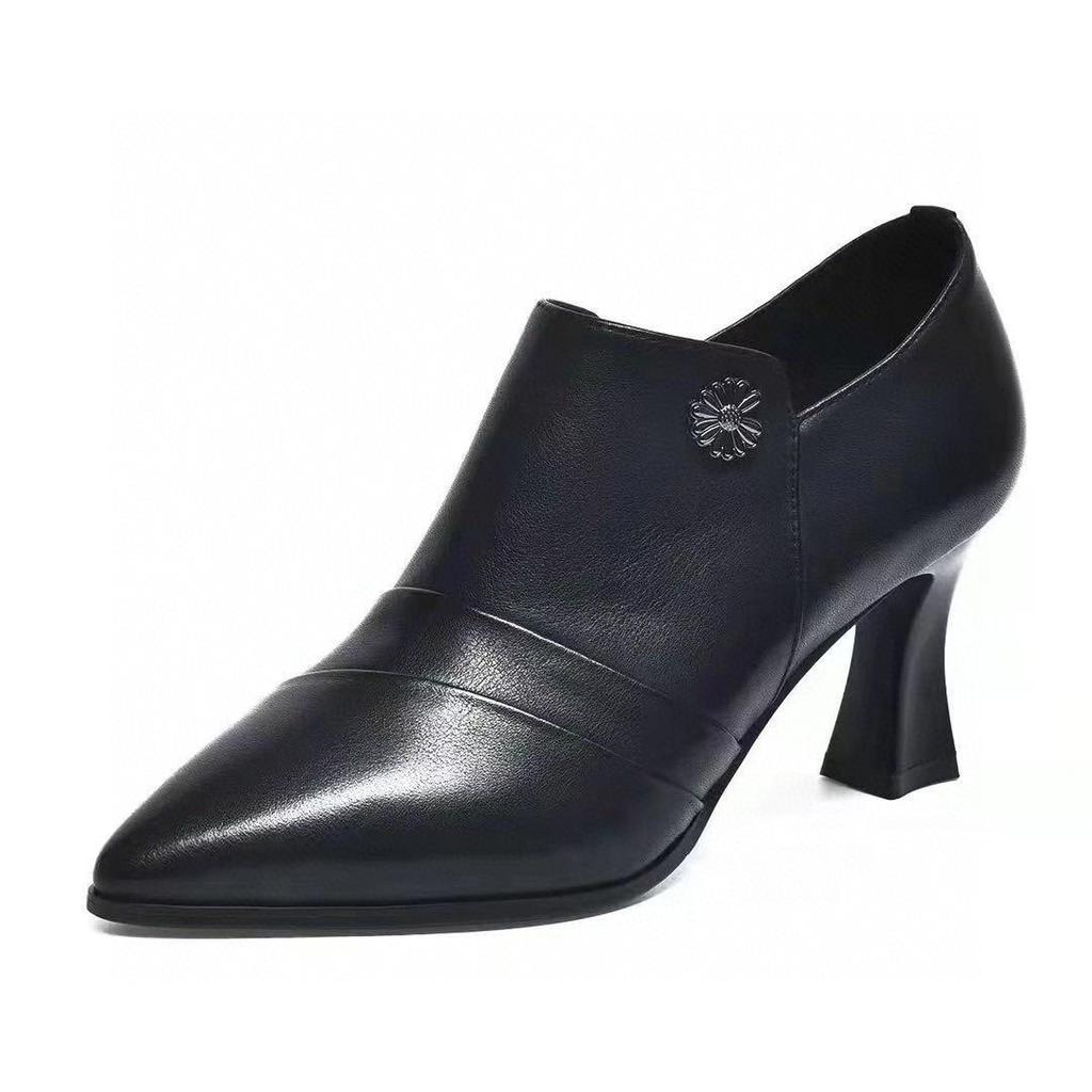 Damen High Heels 2025 Herbst neue schwarze Rindsleder spitze dünne hohe Absätze tiefer Ausschnitt Einzelne Schuhe Damen professionelle vier Jahreszeiten Lederschuhe