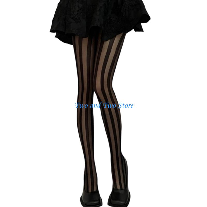 HX6F Women s Elastic Waist Sheer Leggings with Wide Vertical Striped Stretchable Nylon Fabric See Through Tights Pantyhose XXXS чёрный