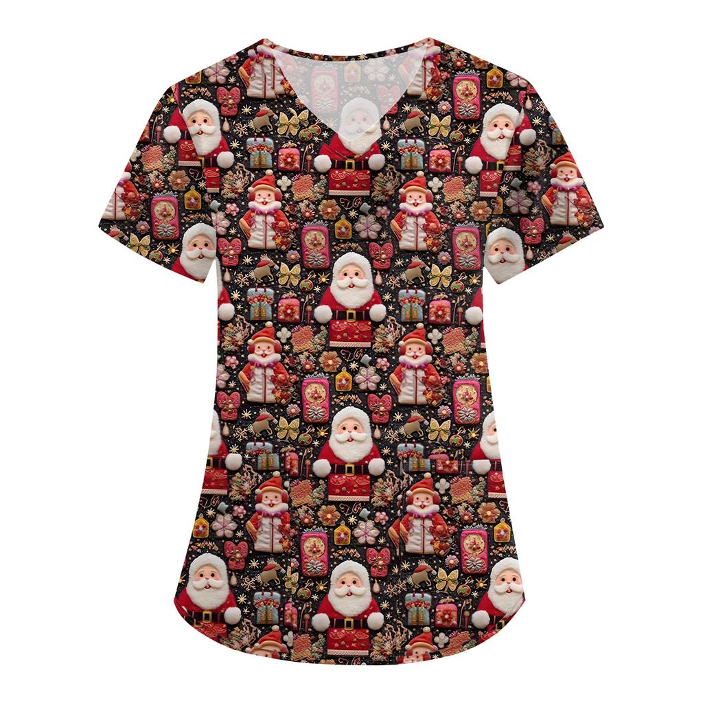 Women's Christmas Print Loose V-Neck Pocket Short-Sleeved Uniform