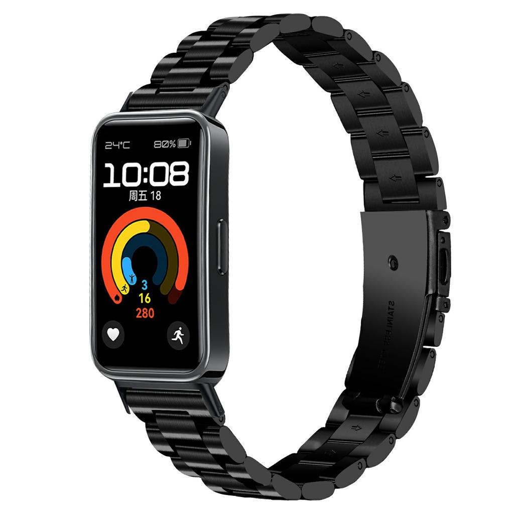 Black Watch Band for Huawei Band 10/9/8 Stainless Steel 3-Bead Metal Strap
