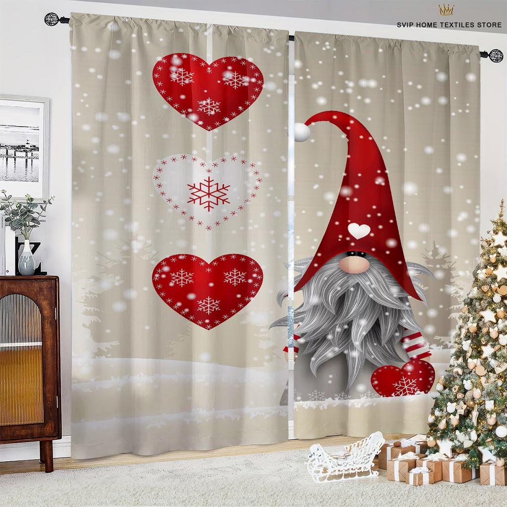 Christmas Animated Design Pattern Print Curtain, Snowflake Ball, Burgundy Car, Bedroom, Restaurant, New , Holiday Party Decoration, 2 Pcs