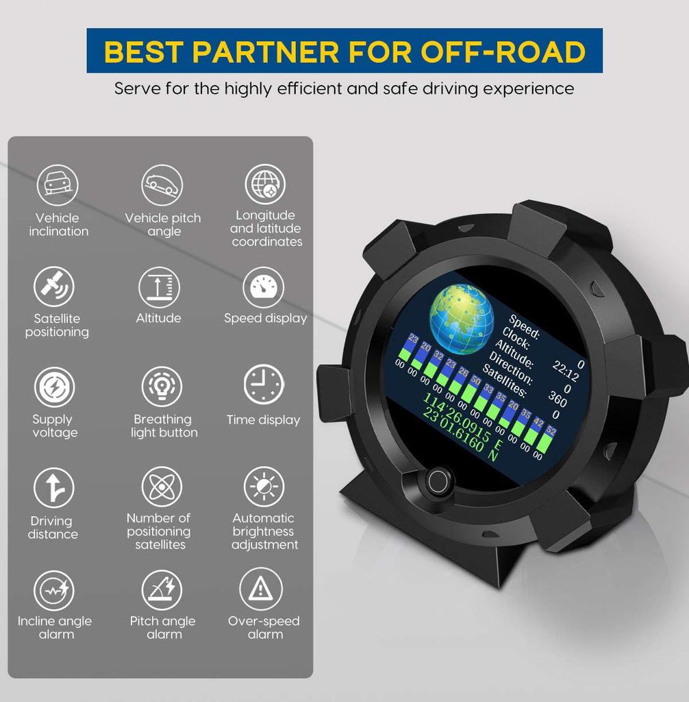 OBEST X95 Multifunkční měřič, Kompas GPS Rychloměr, Automobilový sklonoměr, Vozidlový úhloměr, Pro terénní použití, 5V - 28V