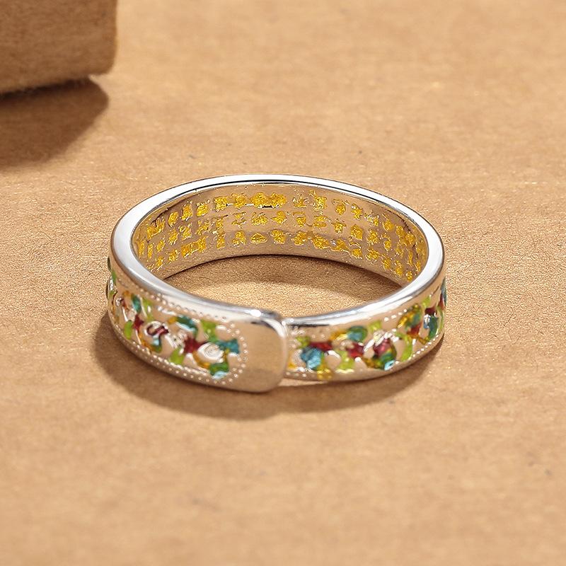Ancient Craft Enamel Gold-Painted Gingko Vine Heart Sutra Ring for Women – Open Vintage Niche Exquisite Finger Band