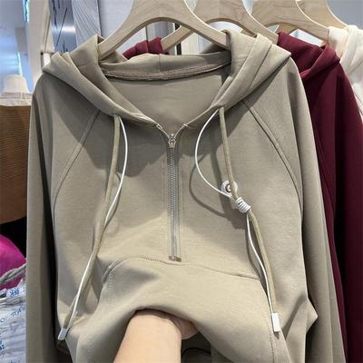 Fashionable Half-zip Hooded Sweatshirt for Women Autumn Loose Design Casual and Versatile Tops and Jackets