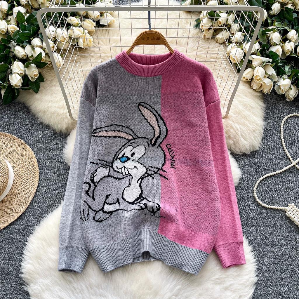 Autumn Winter Women College Style Cartoon Rabbit Knitted Sweater Pullover Tops For Girl