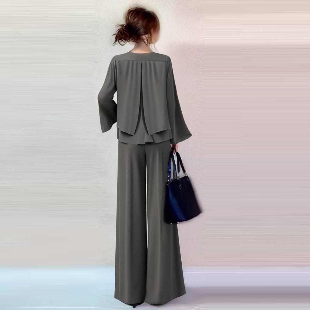 Vår Dam Casual Kostym Rundhalsad Utsvängd Långärmad Topp Utsvängda Byxor Tvådelad Kostym