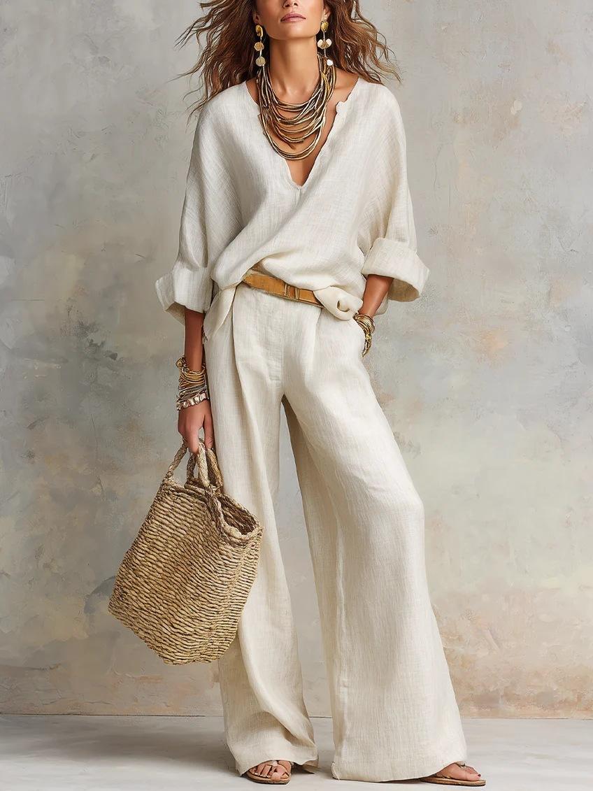2026 European and American foreign trade Amazon independent station cross-border fashion leisure natural linen loose holiday set S белый