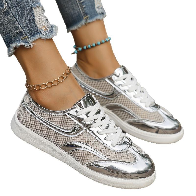 Women's Wide Width Mesh German Trainers - Hollow Out Design Casual Sneakers for Summer, Breathable Low-Top Lace-Up Flats