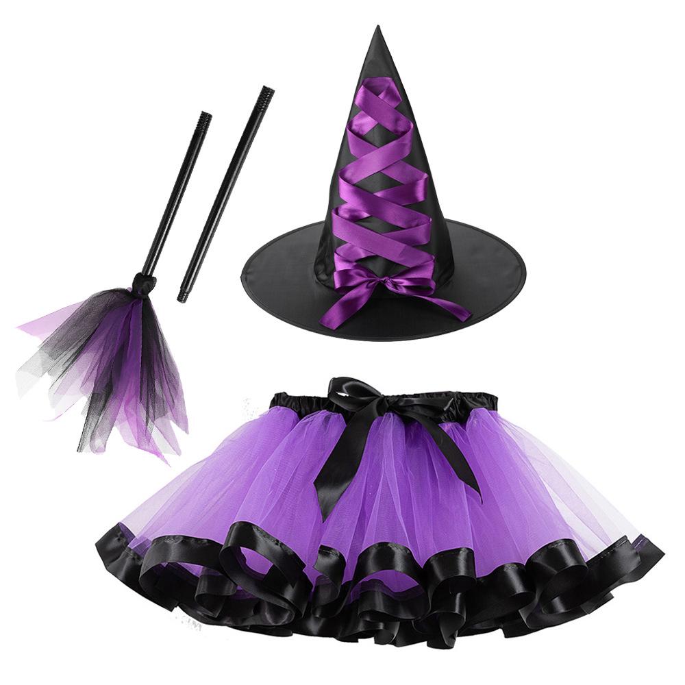 Girls' Halloween Tutu, Witch Hat & Broomstick Fluffy Skirt Set