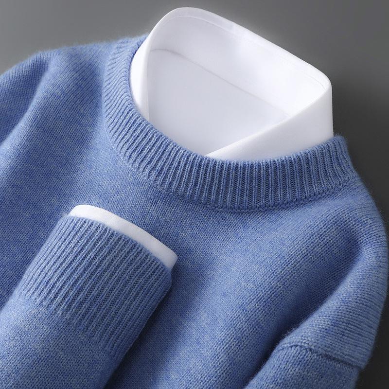 Herren Pullover aus reiner Wolle, schwer, Rundhalsausschnitt, lockere Passform, warm, einfarbig, ideale Basisschicht für Herbst/Winter.