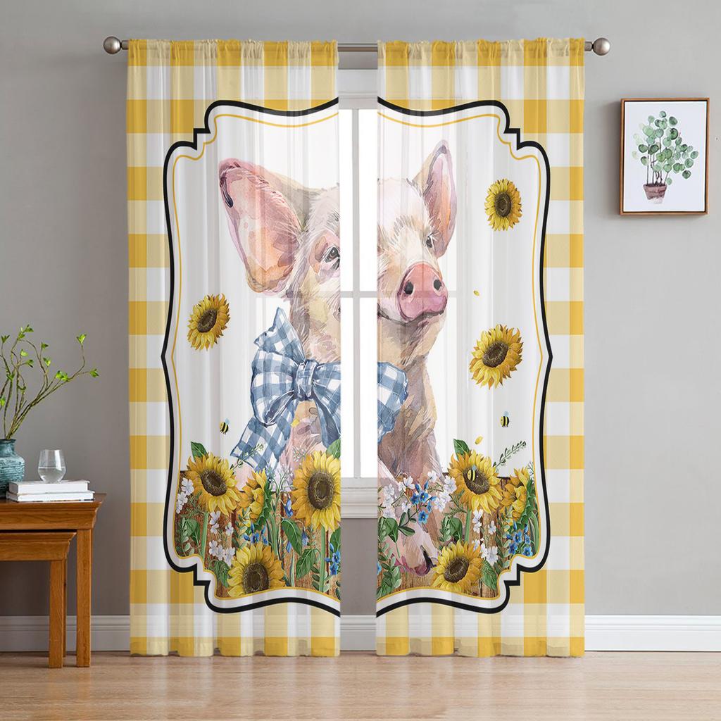 American Country Style Sunflower Cow Sheer Curtains for Living Room Modern Voile Curtain Bedroom Tulle Curtains Window Drapes