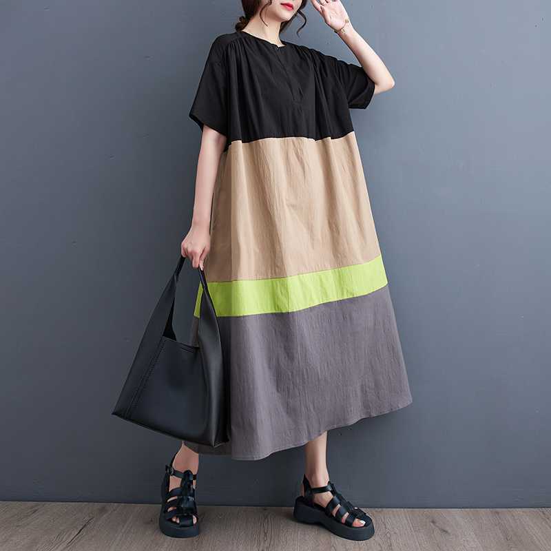Summer New Style Korean-style Loose Large-Sized Patchwork Casual Simple Sweet Shirt Dress