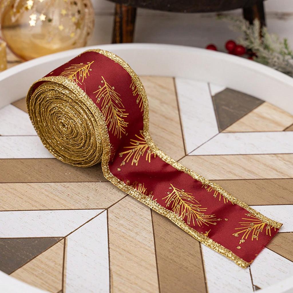 1Pc 5M Christmas Ribbon with Iron Wire Glitter Gold Leaf Printed Christmas Decoration DIY Craft Bow Gift Packing Party Decor
