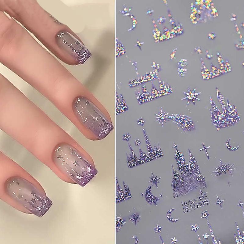 Embossed Nail Stickers Colorful Starry Sky Moon Castle Nail Decoration Decals Diy Self Adhesive Transfer Slider