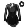 Girls Long Sleeve Round Neck Sequins Flower Front Hollow Back Dance Dress Matching Hair Tie Headwear