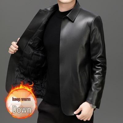 Men's Black Business Casual Leather Jacket with Down Liner for Autumn/Winter.
