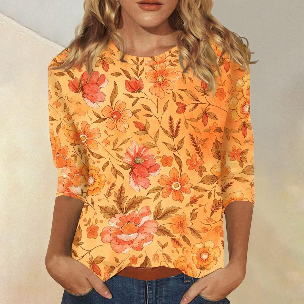Damen Casual Oberteil mit Dreiviertelärm, Blumenprint, Rundhalsausschnitt, Lockerer Schnitt, Leichter Pullover-Bluse für den täglichen Gebrauch