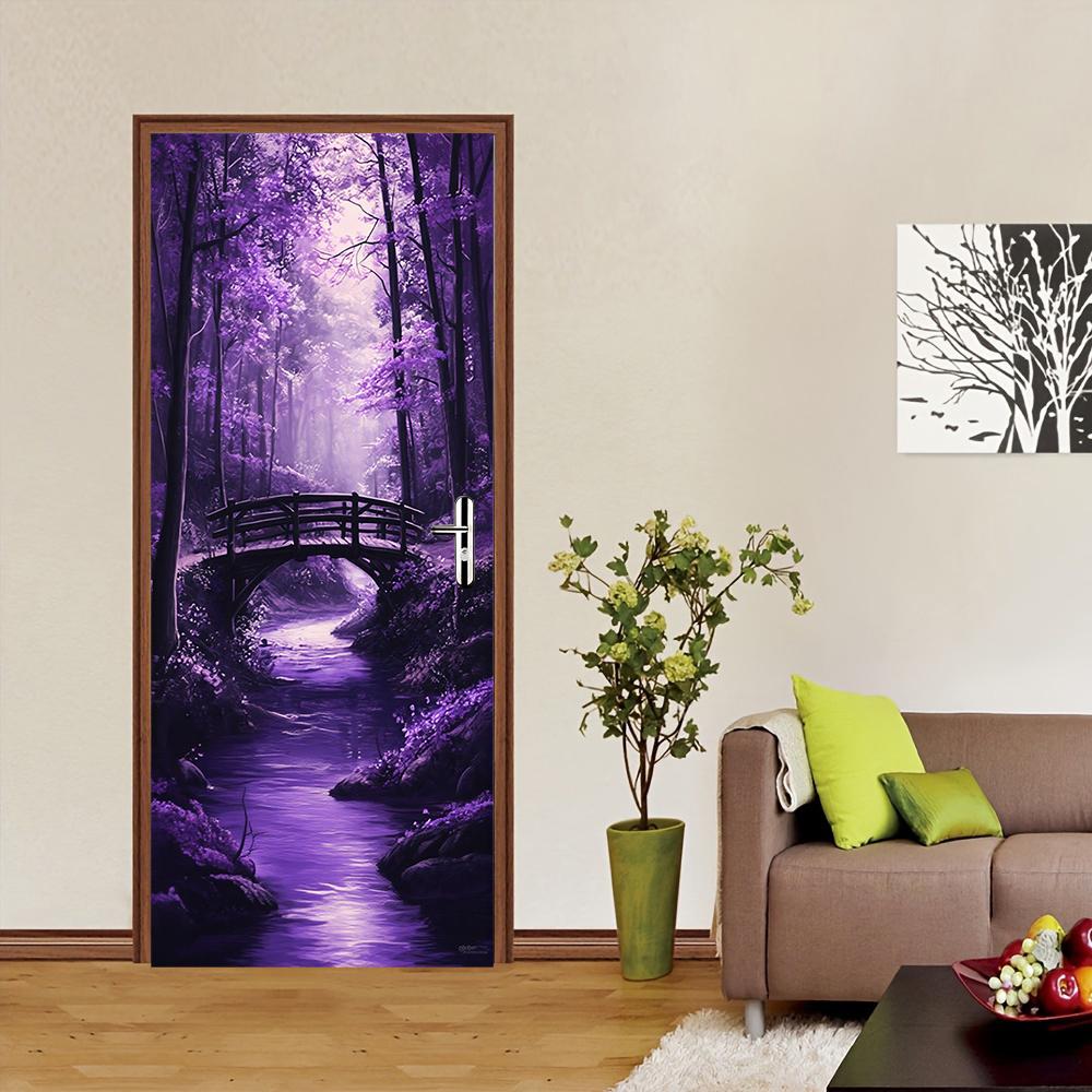 

1pcs Self Adhesive Removable Vinyl Door Stickers Dreamy Purple Forest Bridge View Door Stickers Beautiful Moonlight Stream Entra (as the picture,77x200cm)