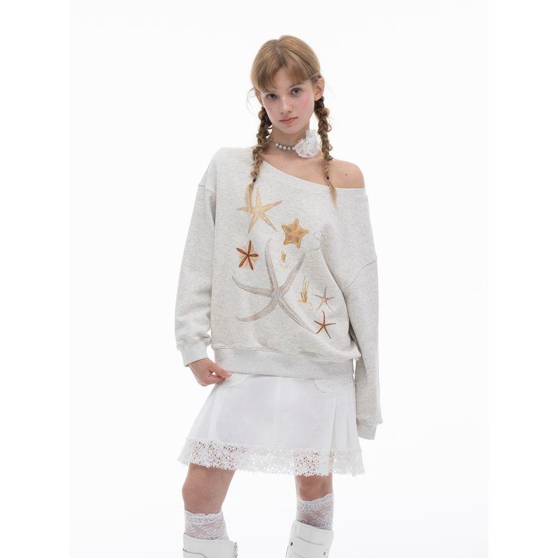 

Thelight Autumn and Winter New Original Design Loose Print Hot Drilling Wide Collar off-Shoulder Hoodie Women Sloping Shoulder Flower Gray Gray S