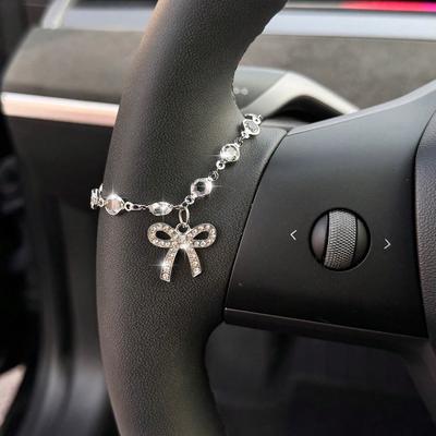1 Stück Glitzer Strass Schleife Herzförmig Silberne Kette Auto Lenkrad Dekor Für Frauen