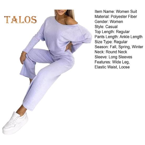 2 Pcs/Set Women Top Pants Set Round Neck Long Sleeves Sweatshirt Elastic Waist Wide Leg Sweatpants Sport Outfit Autumn Casual Tracksuit