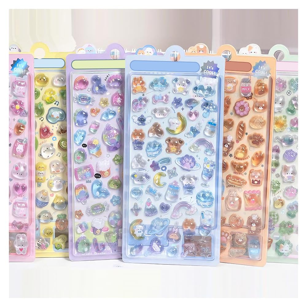 Set of 6 3D 3D Bubble Perfect for and Perfect Gift for Kids and Girls Stickers, Cute, Puffy, Jewel-Style, Stickers, Phones, DIY, Planners, Sticky,