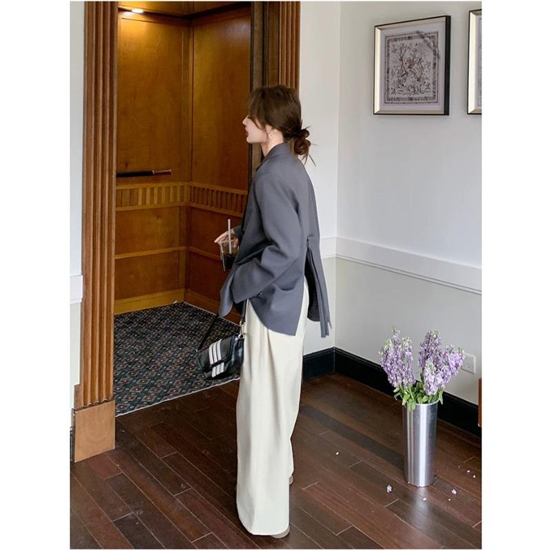 Stylish Grey Blazer Women Casual Office Wear Spring Autumn Bow Knot Split Design