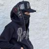 Spiderweb Letter Print Rhinestone Hooded Zip-Up Oversized Sweatshirt Women Streetwear Casual Long Sleeve