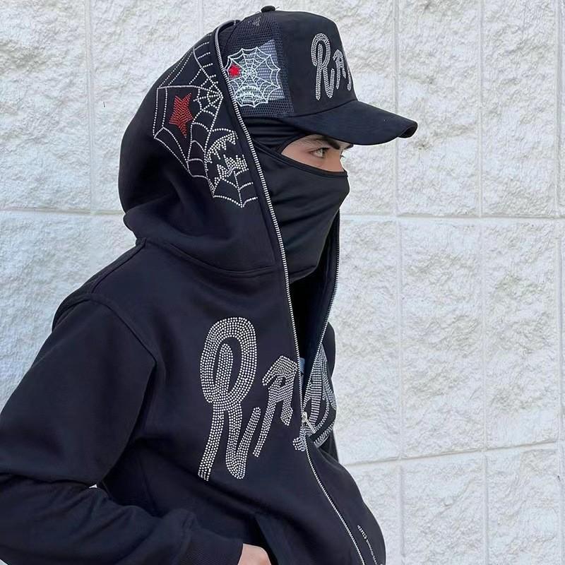 Spiderweb Letter Print Rhinestone Hooded Zip-Up Oversized Sweatshirt Women Streetwear Casual Long Sleeve