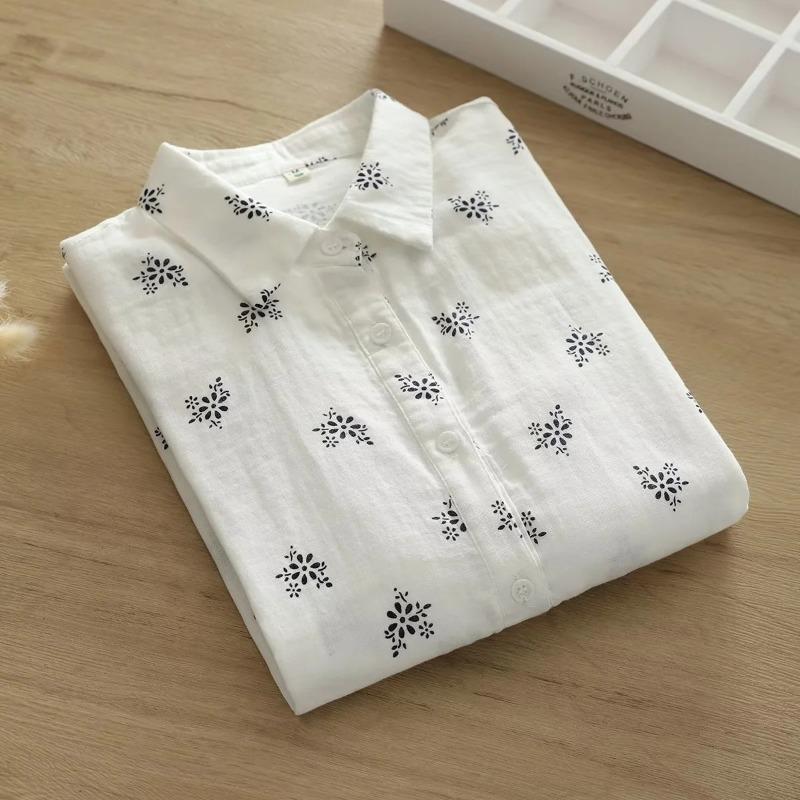 Løvetannmønstret bomullsgarn langermet skjorte for kvinner om høsten løs slankende skjorte topp bluser og skjorter