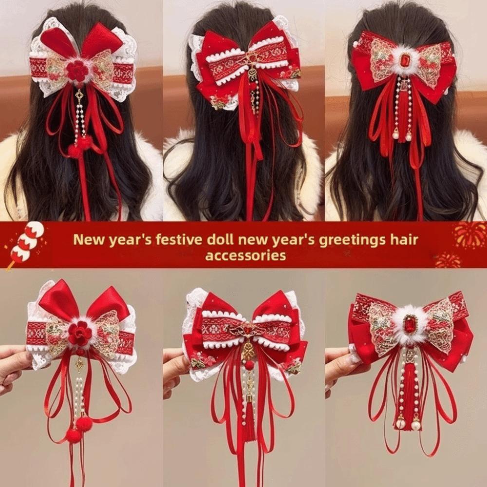 Red Bow Ribbon Hair Clip Tassel Hanfu Hair Ornamen Cute New Year Hairpin  Home